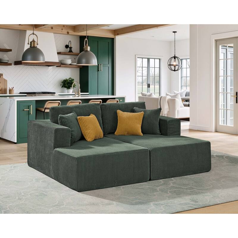 Full Compressed Corduroy Upholstered Double Chaises Loveseat - Dark Green