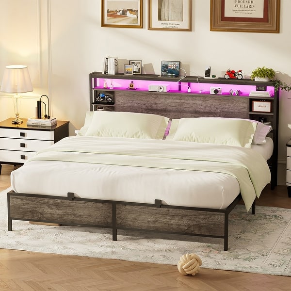 slide 2 of 77, Bed Frame with Charging Station and RGB LED Lights, Sturdy Platform Bed with Storage Headboard,