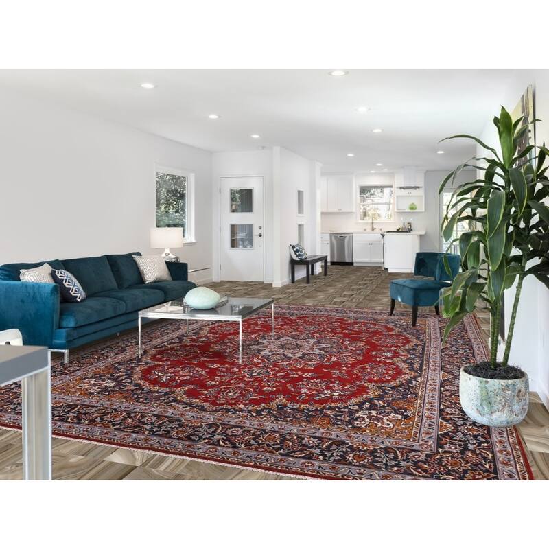 Floral Red Kashan Turkish Rug Machine-Made Medallion Carpet - 9'7" x 12'7"