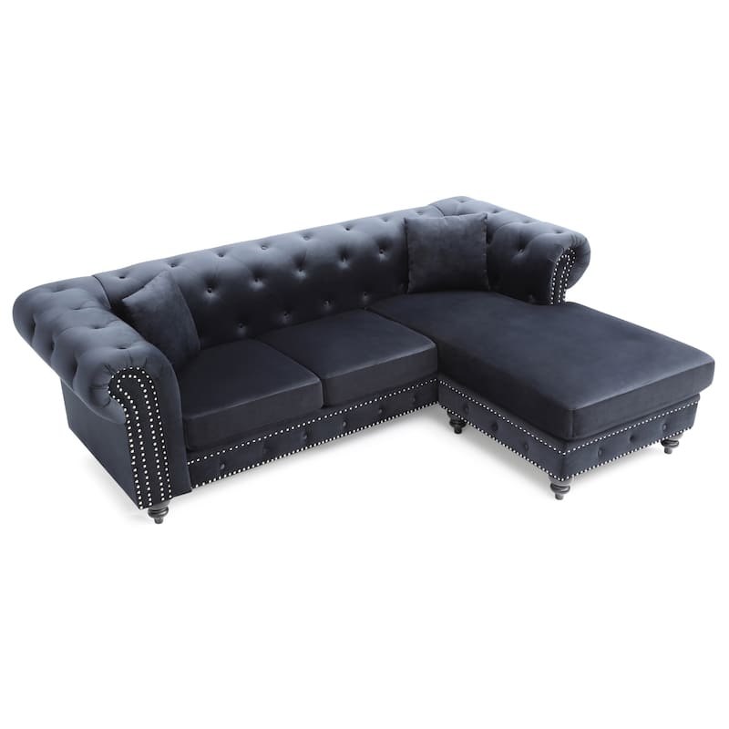 Tufted Velvet L-Shape 3-Seater Sectional Sofa with Throw Pillows - 98" - Black