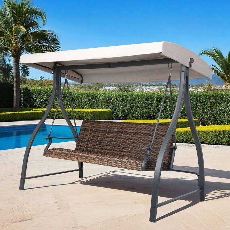 Aoodor 3-Seat Outdoor Rattan Patio Swing with Adjustable Canopy - Stylish Comfort for Your Porch, Garden, and Yard