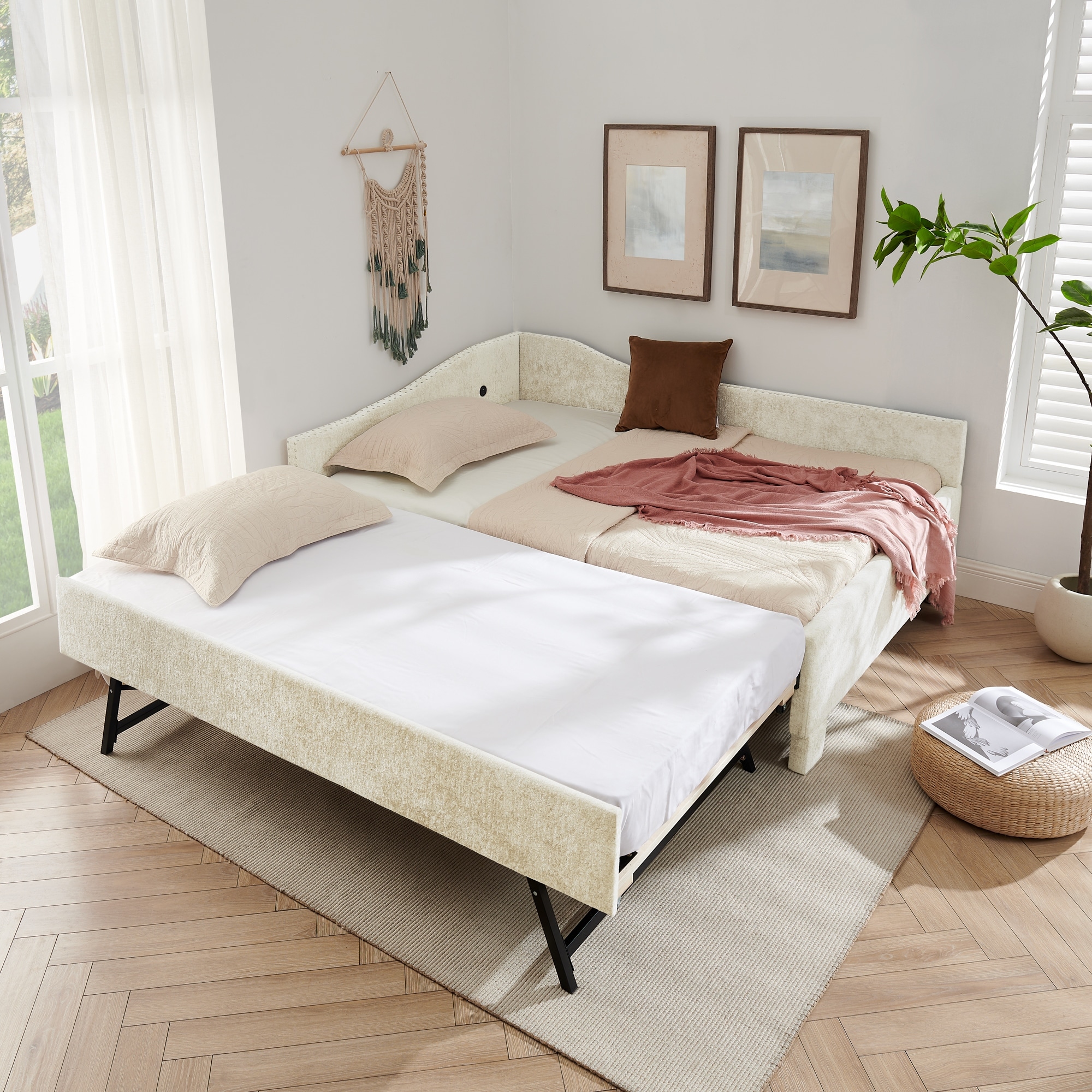 Curved Round Edge Padded Backrest Daybed,Vintage Nailhead Trim Chenille Daybed with Pull-out Trundle and USB Port