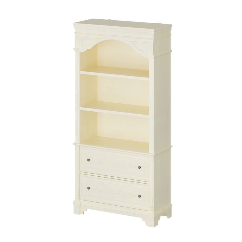Vintage White Display Cabinet with Shelves and Drawers, Antique Bronze Handles, Hand-Rubbed Finish, Elegant Bookshelf