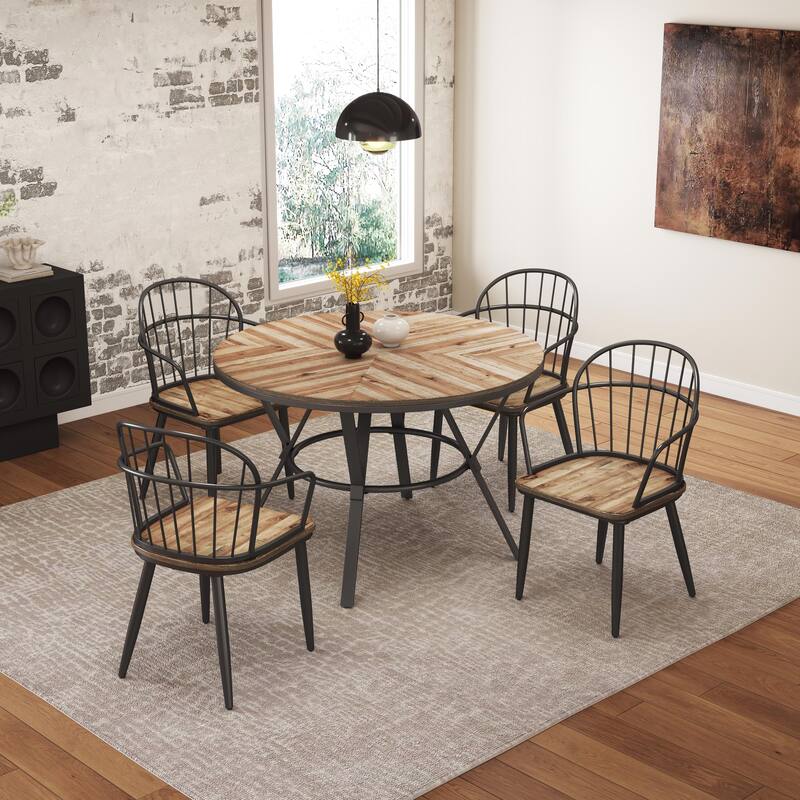 Round Dining Table with Black Metal Splayed Trestle Legs, Coffee Table Accent Table for Dining Room