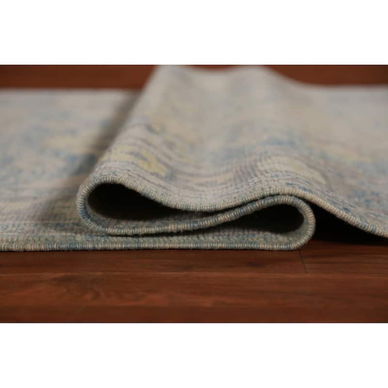 Hand Knotted Oriental 100% Wool Carpet Transitional Floral Navy Blue & Blues Oushak Runner Rug - 20' 2'' X 3' 1''