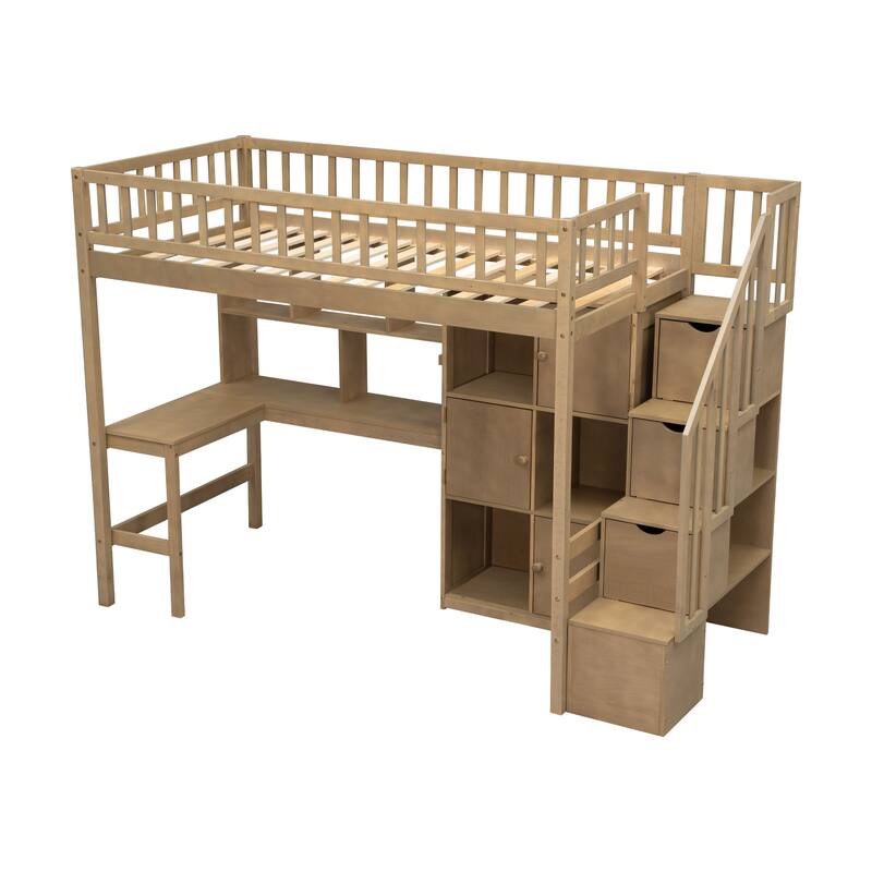Wood Twin Size Loft Bed with Built-in Desk, LED, Storage Shelves, Cabinets, and Staircase