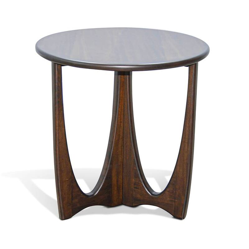 Natra Side End Table, 26 Inch Round, Cutout Base, Dark Brown Solid Wood