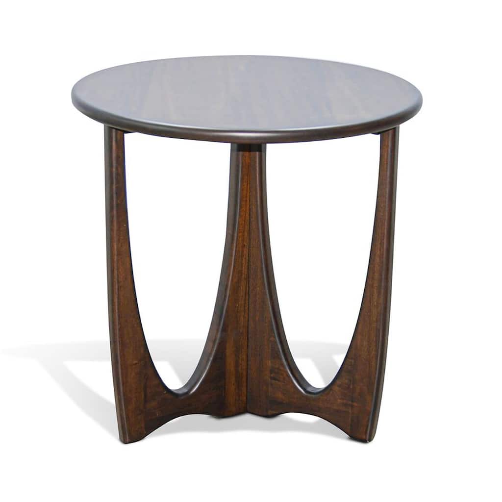 Natra Side End Table, 26 Inch Round, Cutout Base, Dark Brown Solid Wood