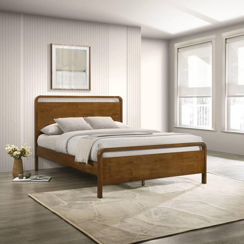 Roundhill Furniture Eldren Wood Bedroom Set, Platform Bed with Dresser, Mirror, and Two Nightstands in Walnut Finish