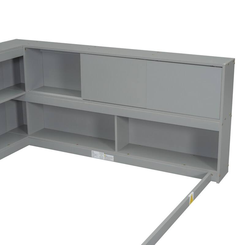 Full Floor Bed Frame with L-shaped Bookcases, Sliding Doors,without Slats