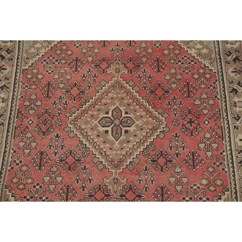 Pink Geometric Joshaghan Persian Vintage Area Rug Handmade Wool Carpet - 4'6" x 7'4"