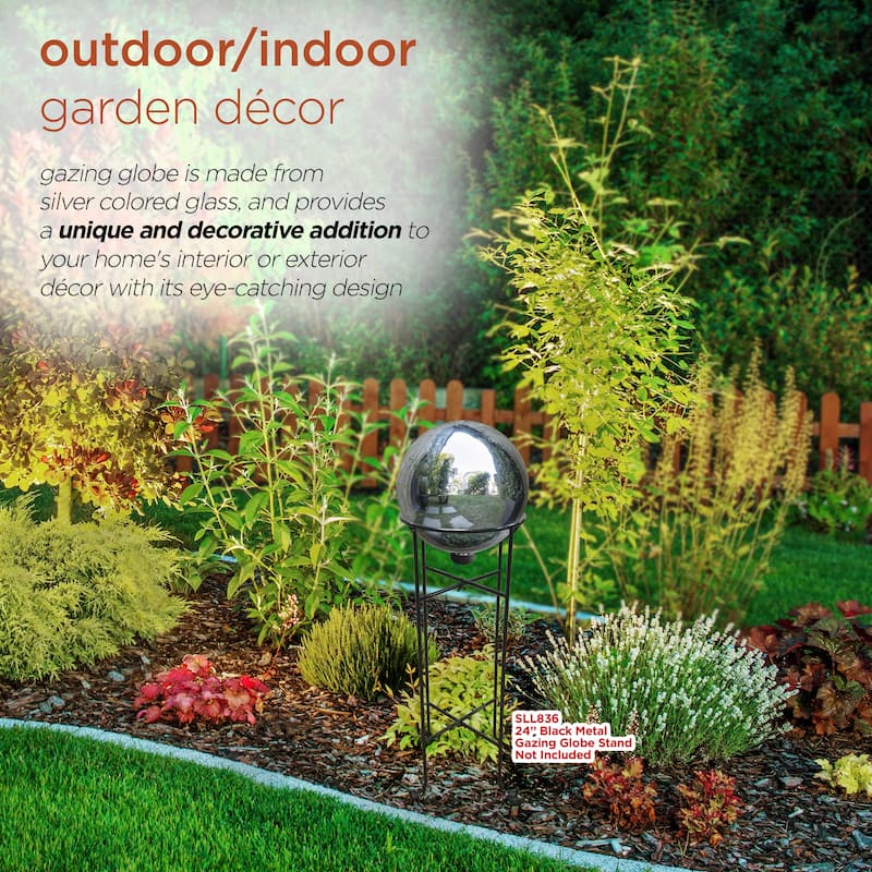 Alpine Corporation 10" Diameter Indoor/Outdoor Glass Gazing Globe Yard Decoration, Silver