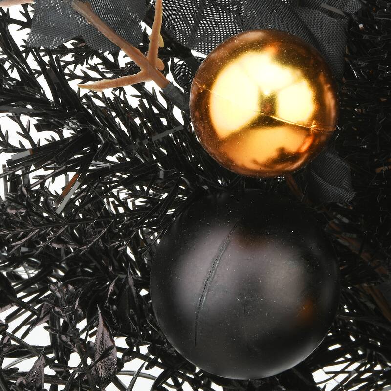 National Tree Company Halloween Artificial Wreath, Black, Decorated with Black and Orange Ball Ornaments, Leaves, 24 Inches