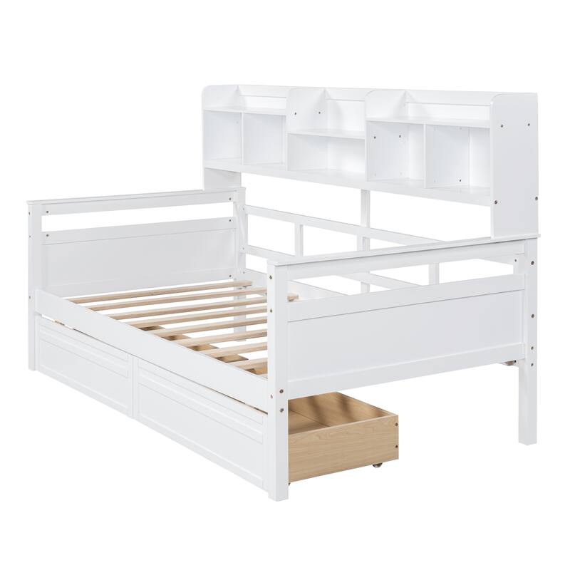 White Twin Daybed with Wood Slats, Shelves & 2 Drawers - Space-Saving Multi-Functional Furniture