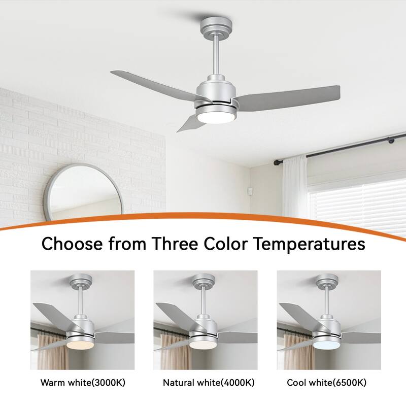 42" Modern Silver 3-Blades Smart Ceiling Fan with Dimmable LED Light and Remote