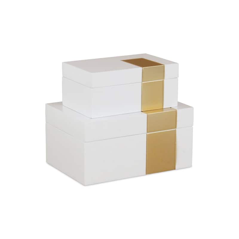 Wooden Accent Boxes with Decorative Band - 10" - White and Gold - Set of 2