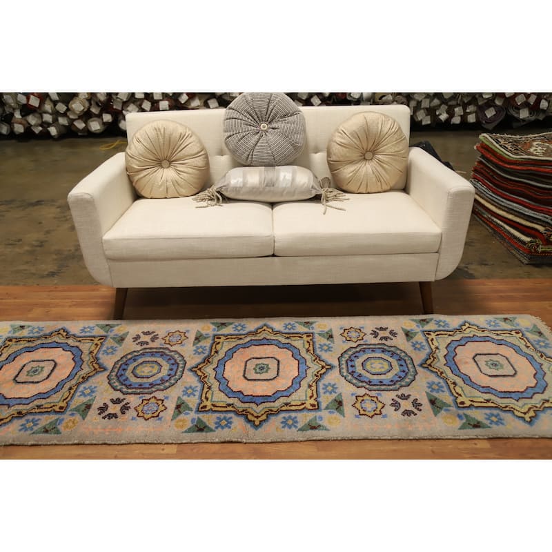 Hand Knotted Oriental 100% Wool Carpet Traditional Geometric Beige & Ivories Kazak Runner Rug - 8' 0'' X 2' 5''