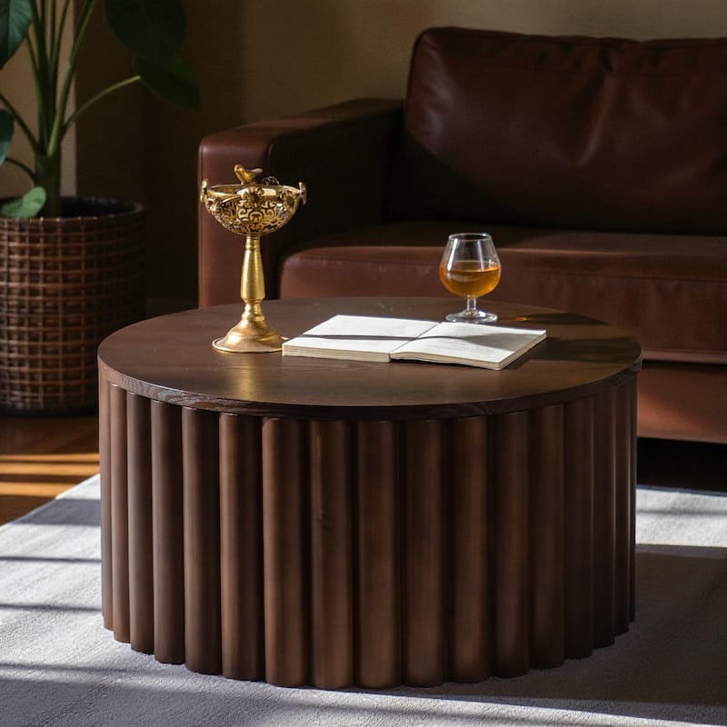 27.6'' Round Wooden Lift-Top Coffee Table with Hidden Storage, Handcrafted Relief Pedestal Tea Table for Living Room - Walnut