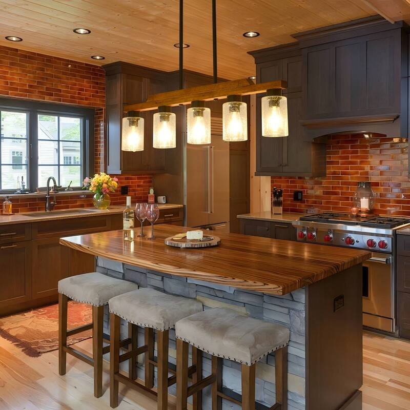 Farmhouse Chandelier for Dining Room Kitchen Island Rustic Wood Linear Pendant Light with Seed Glass Shade