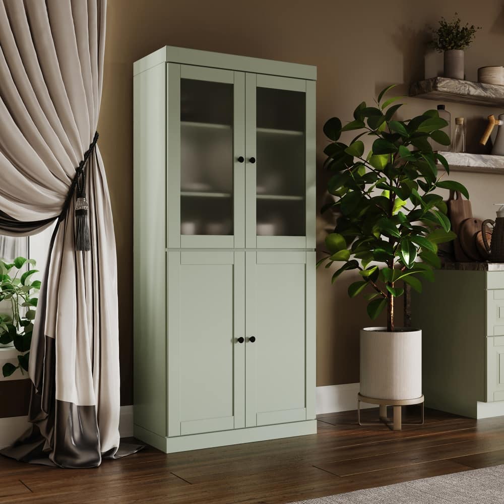 Palace Imports 100% Solid Wood 32" Pantry Cabinet with Frosted Glass, Shaker Doors and Adjustable Shelves