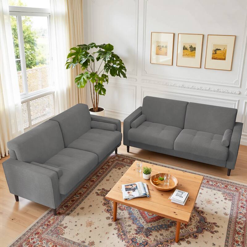 Modern Corduroy Upholstered Loveseat with Bolster Pillows and Wood Legs