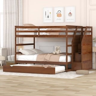 Walnut Elegant Full-Over-Full Bunk Bed with Trundle and 3 Storage Stairs