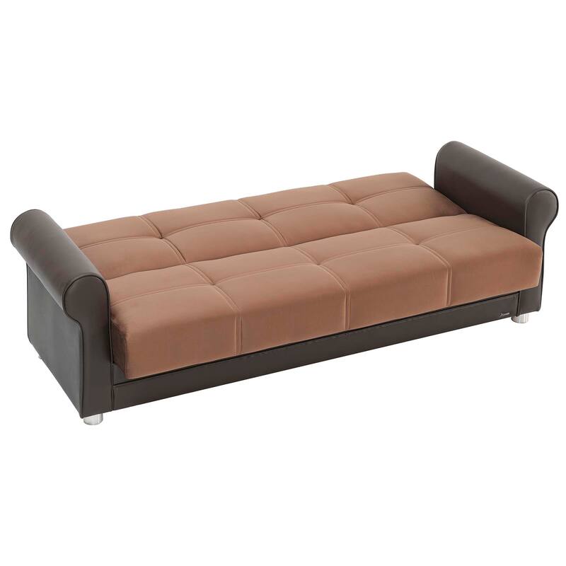 HomeRoots 89" Brown Polyester Convertible Futon Sleeper Sofa And Toss Pillows With Storage