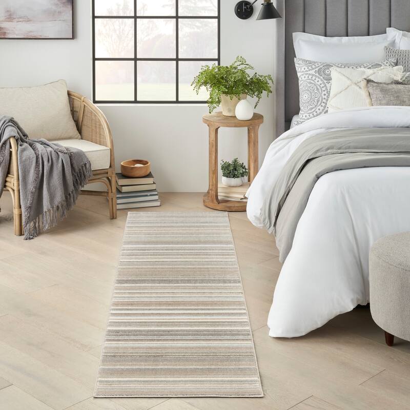 Nourison Marmara Contemporary Coastal Stripe Linear Area Rug - 2'2" x 7'6" - Grey Ivory Teal - Rectangle