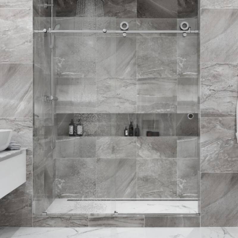 Seawin Crystal 44 - 48 x 78 inches Frameless Sliding Shower Door 3/8 in. (10 mm) Clear Tempered Glass with NanoShield Coating - Polished Stainless