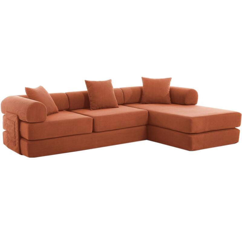 107" Orange Corduroy Modular Sectional Sofa Bed, 7-in-1, No Assembly