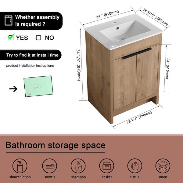 dimension image slide 8 of 9, BNK 24''/30''/36'' Bathroom Vanity With Sink, Freestanding Bathroom Vanity with 2 Soft Close Doors and 1 Shelf