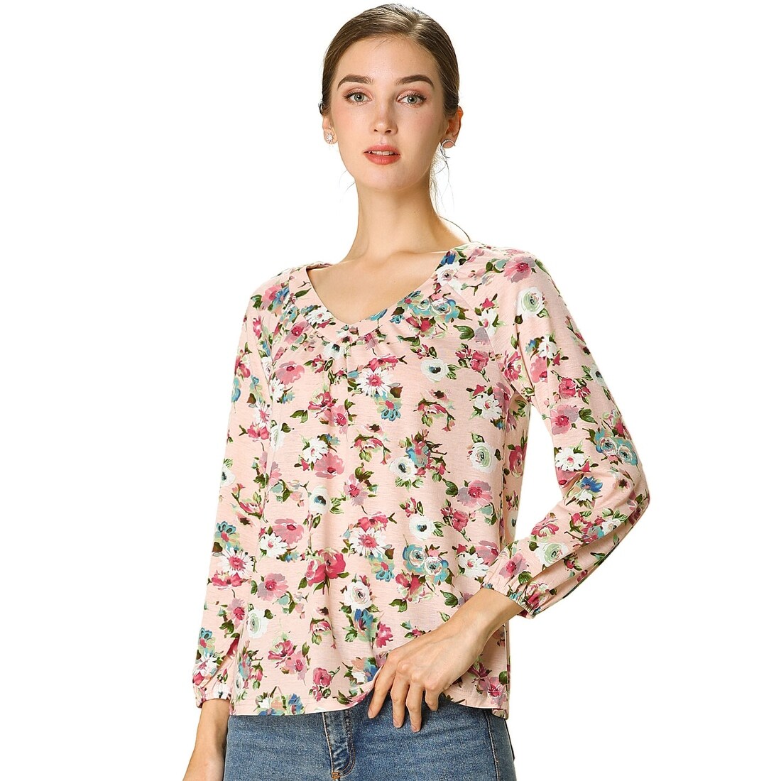 Xinantime Womens Casual Floral Print V-Neck Coat Loose Long Sleeve Pockets Elegant Hipster Printing T-Shirts
