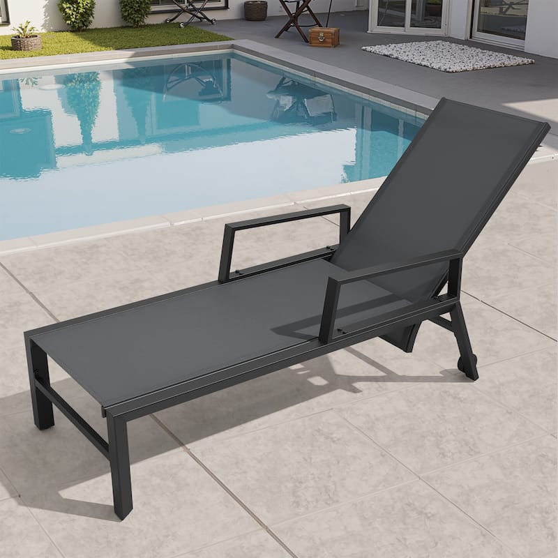 Outdoor Aluminum Adjustable Back Chaise Lounges with Wheels - Black - 1PC