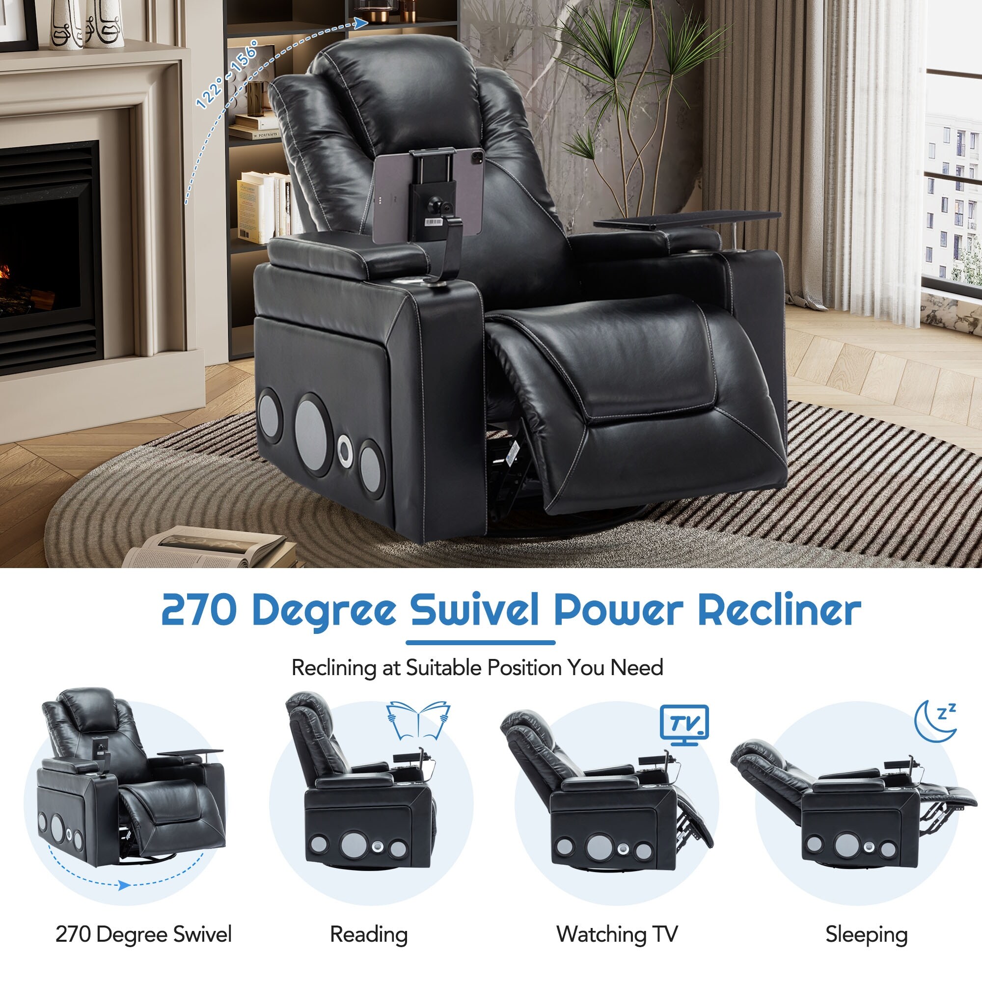 270 Degree Swivel Leather Power Recliner Chair With Cup Holder