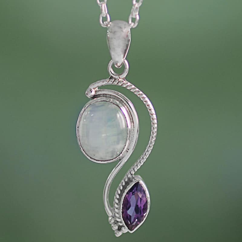 Handmade Sterling Silver 'Colorful Curves' Amethyst Rainbow Moonstone Necklace (India)