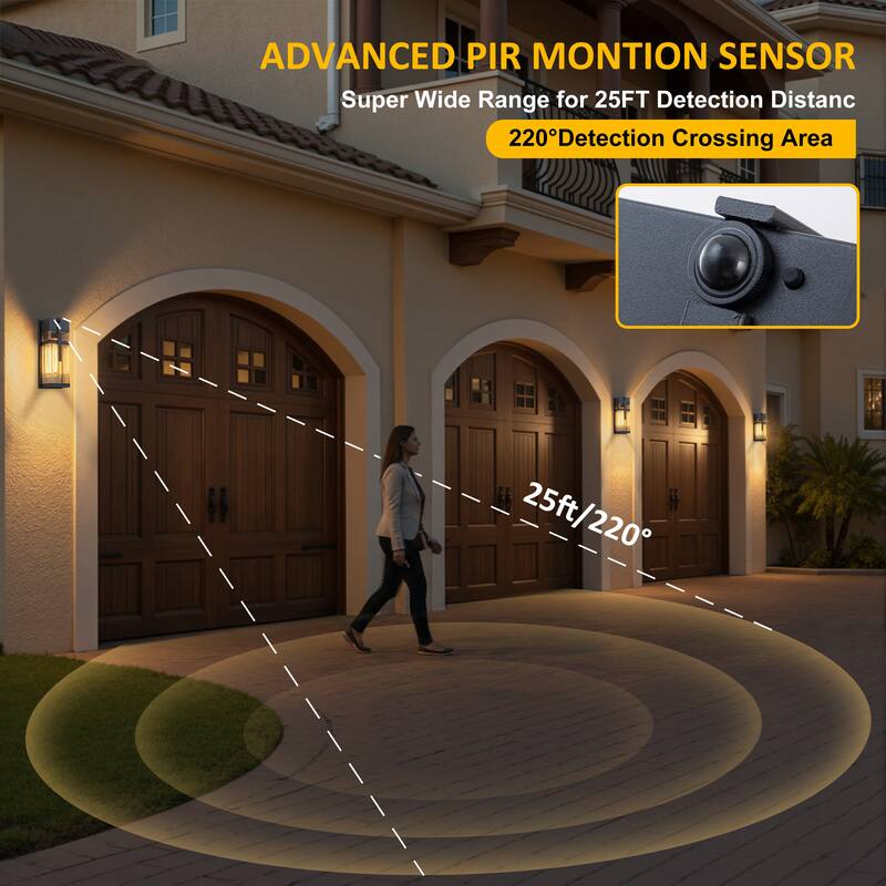 C Cattleya 2-Pack 14.5inch Matte Black Motion Sensor Outdoor Wall Lanterns with Clear Tempered Glass