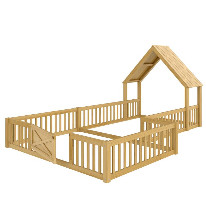 Montessori Floor Bed for Toddler Kids, L Shape House Bed with Door and Guardrails, Double Bed Frame Design for Sleeping and Play