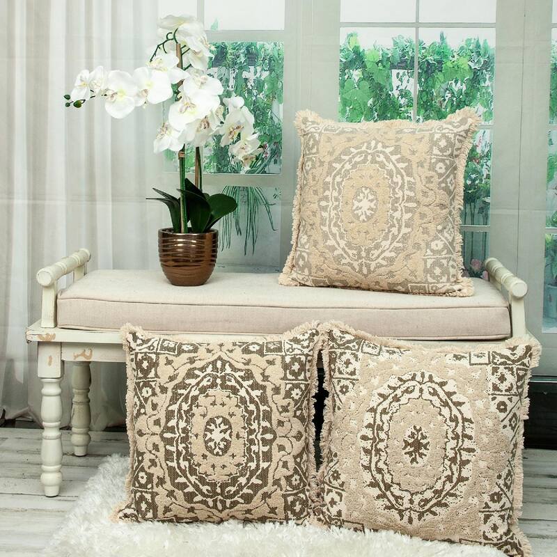 18" Beige and Brown Embroidered Ethnic Design Throw Pillow