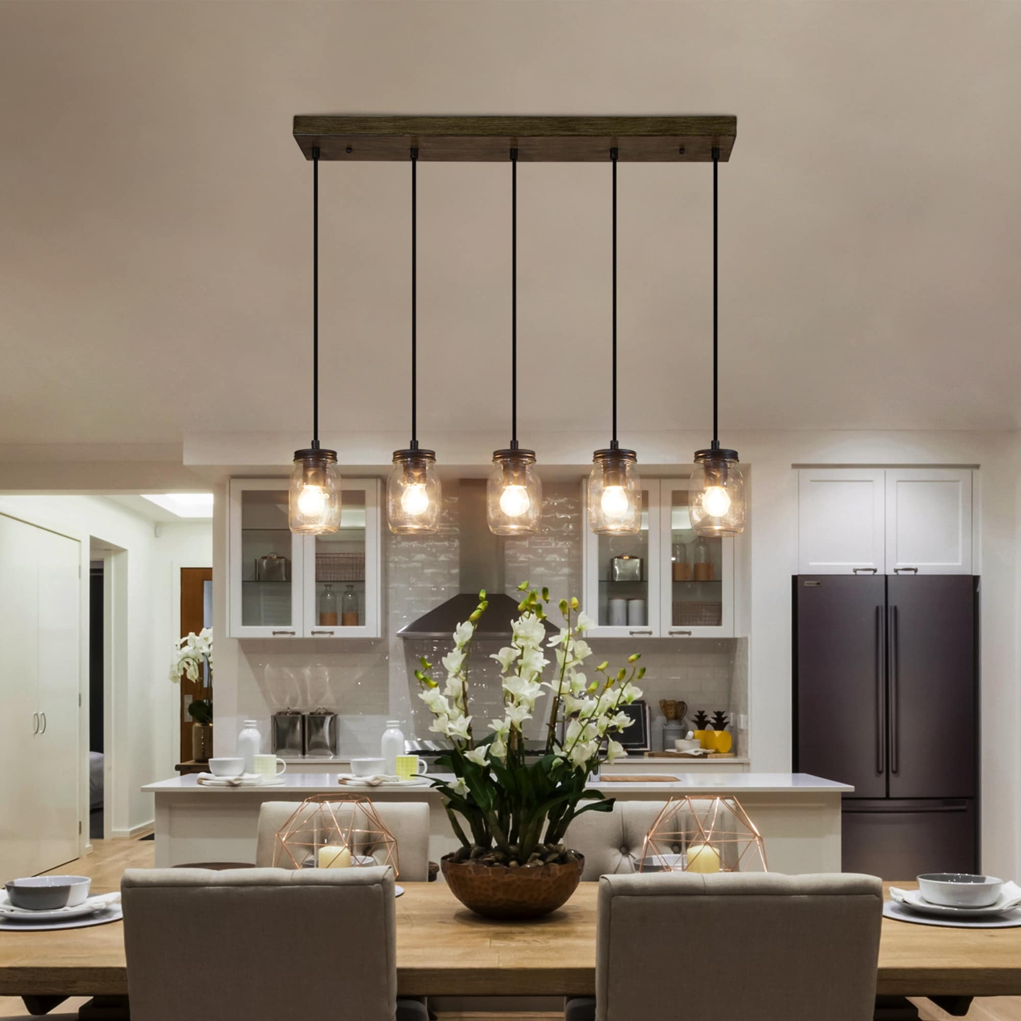Laluz Modern Rustic Mason Jar Glass Kitchen Island Pendant Lights Farmhouse 5 Light Bar Chandelier L29 inch W4.72 inch H69 inch Size L29