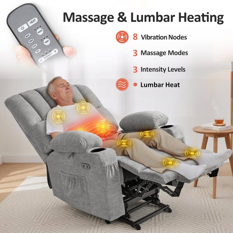 Power Lift Recliner Chair for Elderly, Massage and Heat, Faux Leather & Fabric