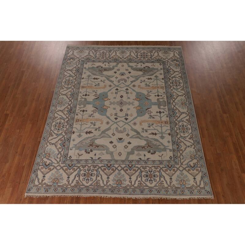 All-Over Ivory Oushak Oriental Area Rug Handmade Wool Carpet - 7'11" x 9'11"