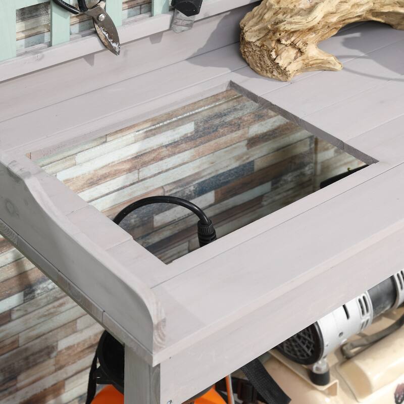 Outdoor Wooden Potting Bench Table with Removable Sink & Open Shelf Storage, Garden Work Bench with Chalkboard