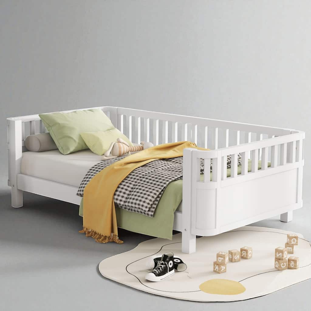 Twin/Full Size White Wood Platform Bed for Kids with Guardrails, Low Profile Toddler Bed Frame for Boys and Girls