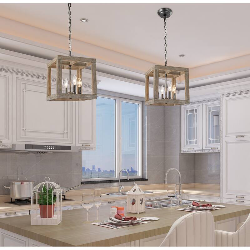 Loby Rustic Wood Kitchen Island Pendants Cage Geometric Ceiling Lighting Compatible for Edison LED Bulbs - Grey - D11" x H12"
