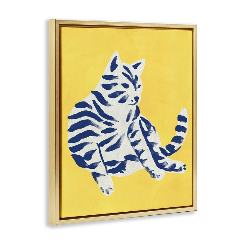 Stupell Unique Bright Cat on Yellow Framed Floater Canvas Wall Art Design By June Erica Vess
