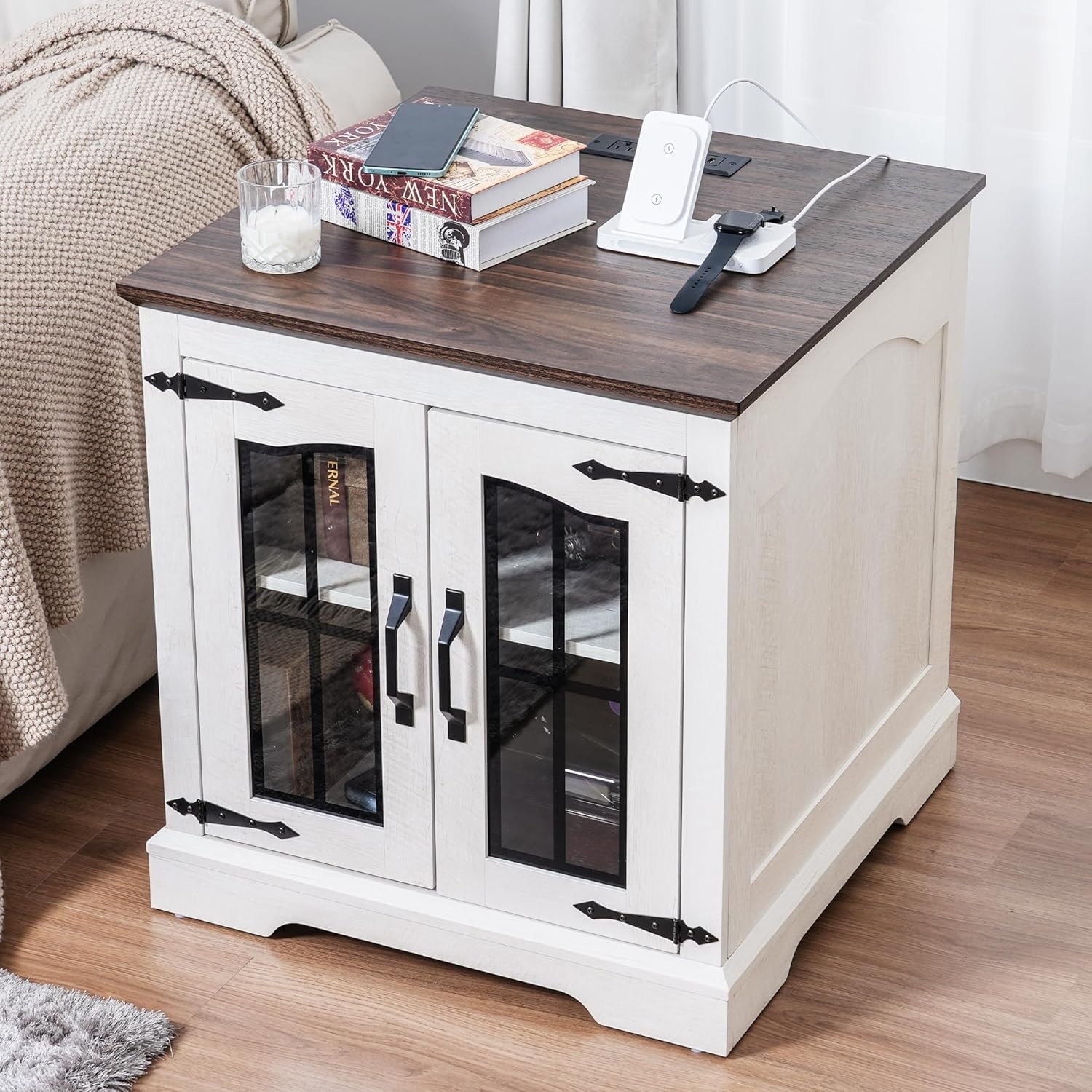End Table with Charging Station, 23.6" Square Side Table with Storage for Living Room or Bedroom
