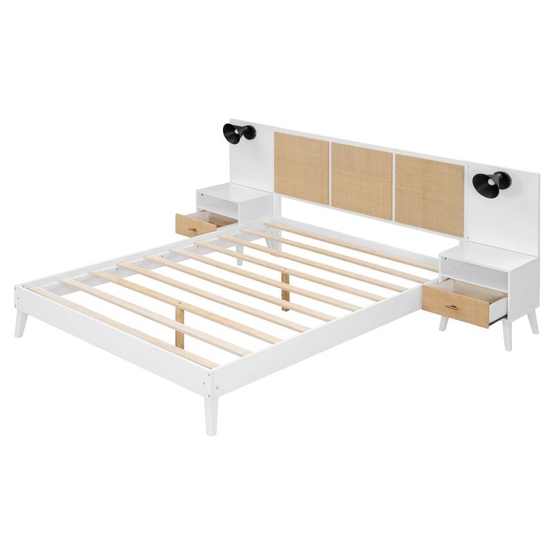 Queen Size Solid Wood Bed Frame with 2 Nightstands, Modern Platform Bed with Headboard, Lamps, Rattan Wood Combination Set