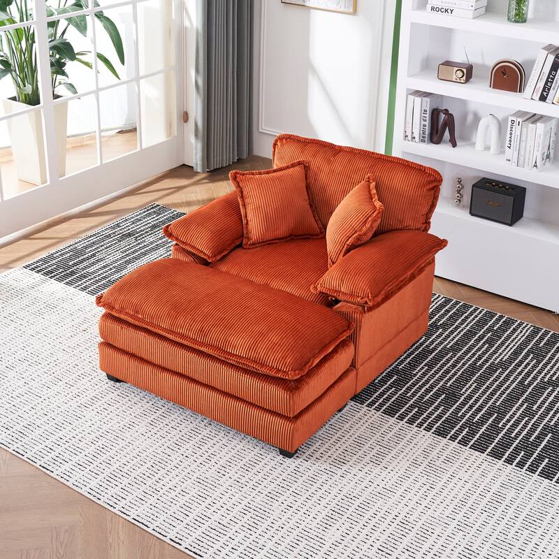 Corduroy Single Sofa Set with Ottoman & 2 Toss Pillows (Deep Seat)