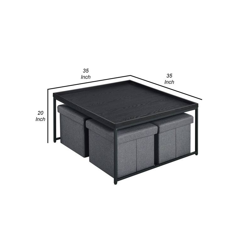 Veny 5 Piece Coffee Table Set, 4 Storage Nesting Ottoman, Gray and Black