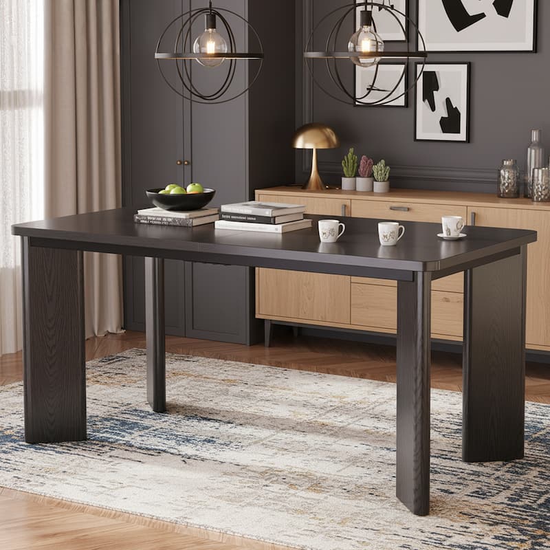 Rectangular Dining Table for 4-8 People, Wood Kitchen Table with Angled Legs and Rounded Corners for Dining Room & Living Room - Black